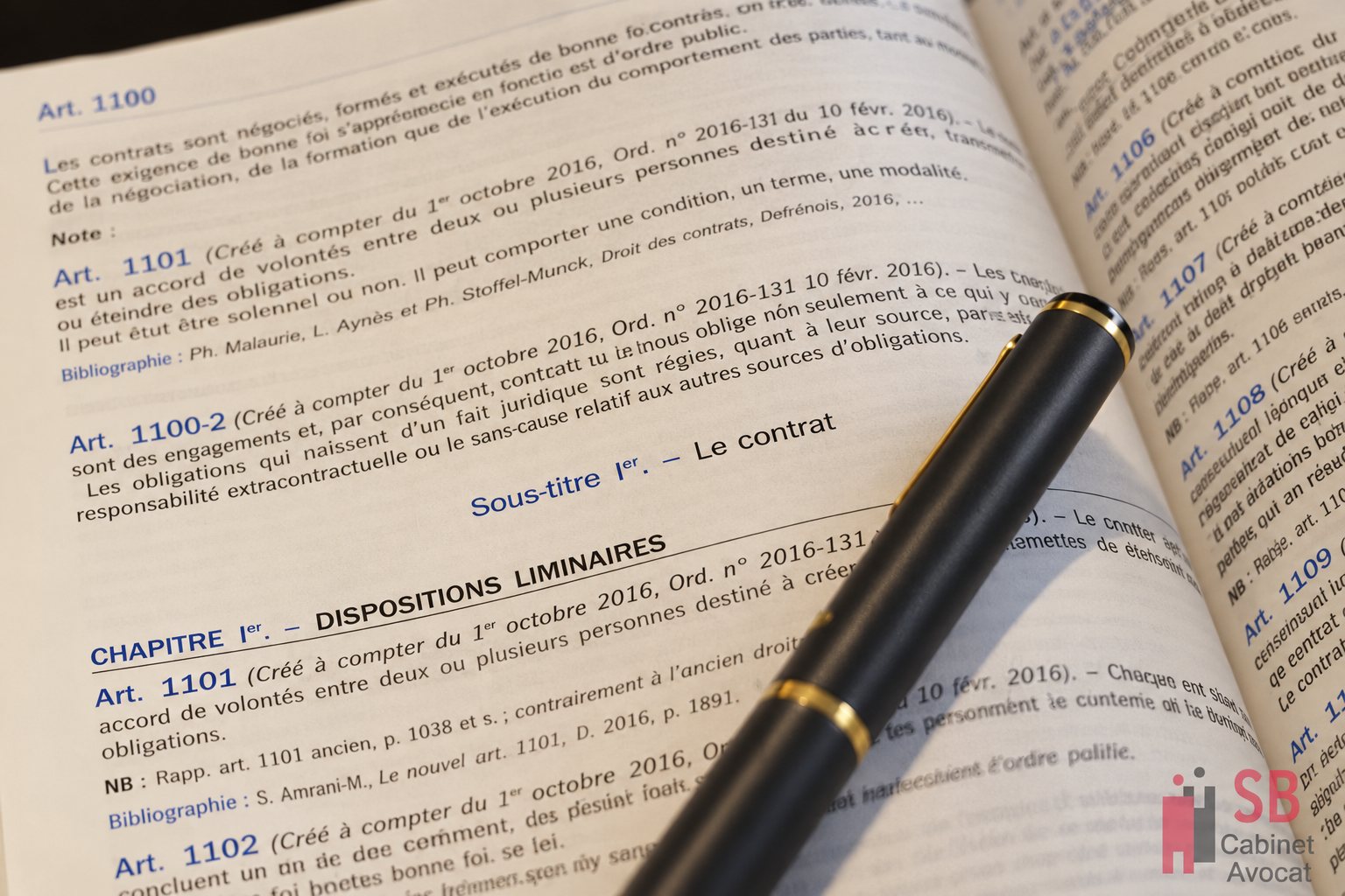 Stylo noir aux anneaux dorés posé sur un code juridique ouvert, aux articles sur les contrats.